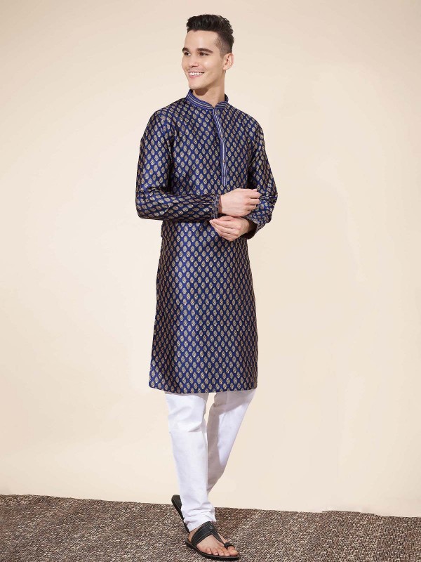 Royal Blue Jacquard Silk Readymade Kurta Pajama